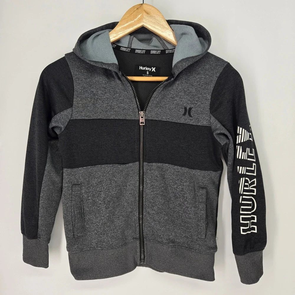 Hurley Full Zip Hoodie Boys Small 8-10 Gray Black H2O-DRI Sweatshirt Logo Sleeve